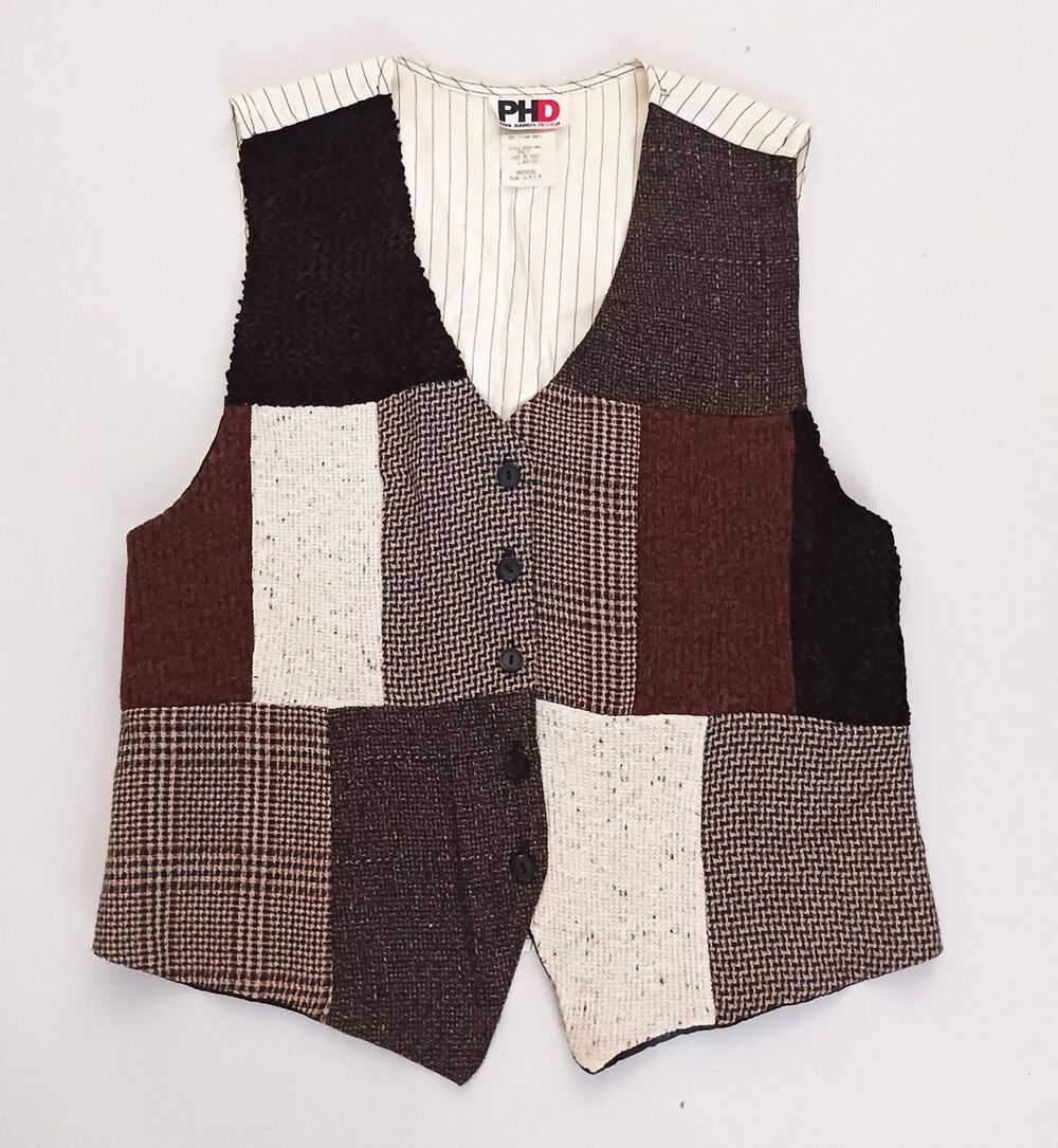VTG Paul Harris Design PHD Patchwork Vest Brown Tweeds/Plaids Satin Back M